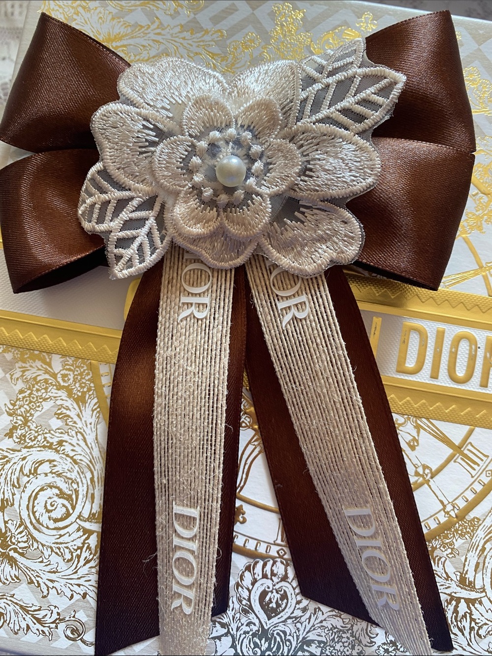 Handmade Dior Hair Clip Brown and Cream Embellished Floral Ribbon Accent